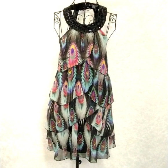 TWENTY ONE Beaded‎ Waterfall Dress Womens SP Peacock Feathers Lined Zip Ladies - Picture 1 of 8